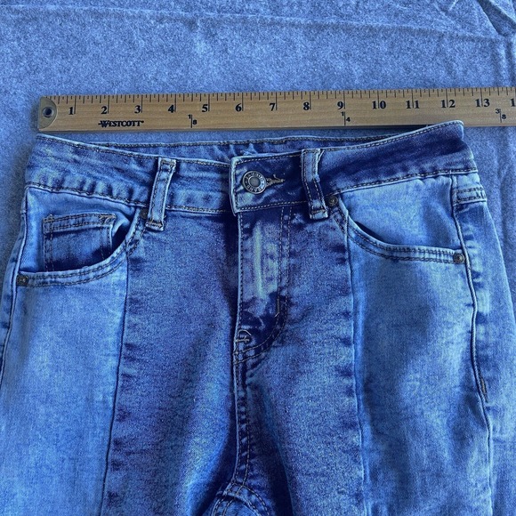 Bamboo Jeans Junior Size 3 Blue Patchwork Flare Raw Hem Front Seam Y2K Boho - Picture 6 of 10